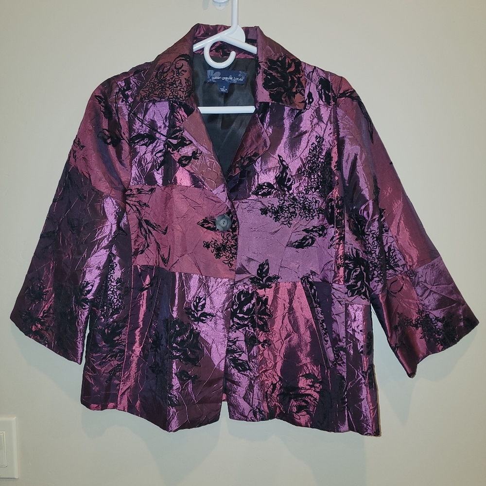 Blazer Burgundy jacket with raised velvet floral design Susan Graver Style